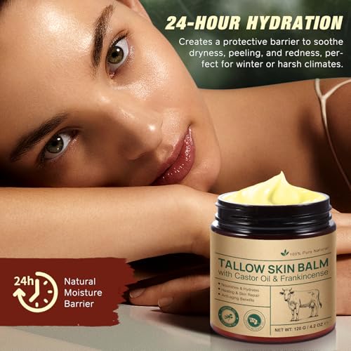 Handmade Tallow Balm with Organic Castor Oil & Frankincense, Beef Tallow for Skin, 100% Grass-Fed Tallow Moisturizer for Face & Body, Sensitive & Dry Skin Care, Natural Age-Defying Cream, 4.2 oz