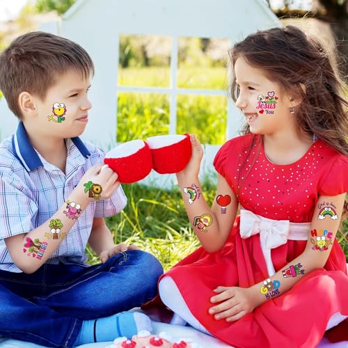 ANGOLIO 24 Valentine's Day Religious Temporary Tattoos for Kids Cartoon Love Heart Exchange Gifts Stickers Boys Girls Christian Valentine School Party Favors Tattoos for Class Prizes Carnival Rewards
