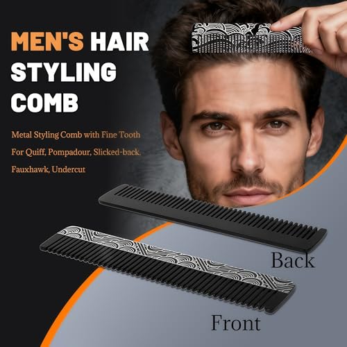 Metal Beard & Mustache Comb - Pocket Comb with 3D Pattern Design, Fine & Wide Teeth for Precise Styling - Durable, Compact, Travel-Friendly Grooming Tool for Facial Hair Care (4.65inch) - Cloud