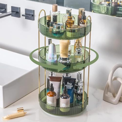 360¡Æ Rotating Makeup Organizer, 3 Tier Spinning Cosmetic Organizer for Vanity & Bathroom Countertop, Holds Tall Skincare Bottles, Perfume & Beauty Accessories ? Clear Green