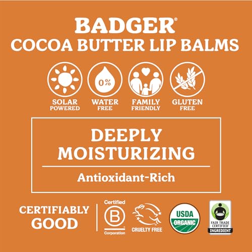Badger Sweet Orange Cocoa Butter Lip Balm, 100% Organic Lip Balm, Hydrating Long Lasting Lip Moisturizer, Large Stick Lip Care, 4-pack