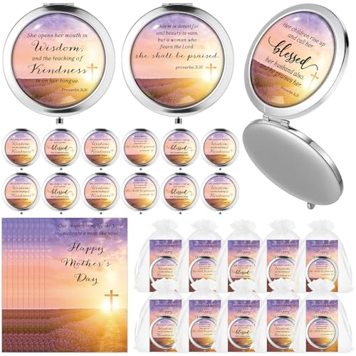 12 Sets Mother's Day Church Gifts Bulk Christian Compact Makeup Mirror Bible Verse Round Pocket Mirror with Gift Cards Organza Bags for Women (3 Style)