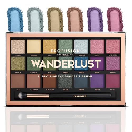 Profusion Cosmetics Wanderlust 21 Shades Eyeshadow Palette ? Richly Pigmented Matte & Shimmer Finishes with Blending Brush, Long-Wearing, Travel-Friendly, Vegan & Cruelty-Free Makeup Set
