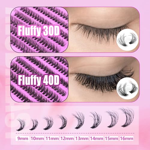 Fluffy Lashes Clusters Kit 280PCS Wispy Lashes Clusters 8-16mm D Curl Natural Look Cluster Eyelash Extensions with Waterproof Lash Bond, Seal, Tweezer for At-Home Use