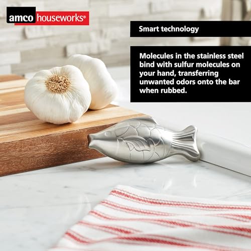 Amco Rub Away Bar, Stainless Steel Odor Absorber, Fish Shaped - Dishwasher Safe Kitchen & Outdoor Essential for Garlic, Onion, Fishing, Hiking Odors - Natural Odor Remover