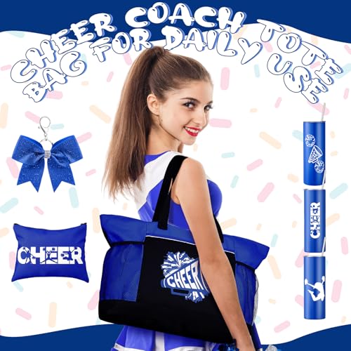 Patelai 4 Pcs Cheerleader Gifts Set Cheer Tote Bag 20 oz Tumbler Women Makeup Bag Keychain Stuff Accessories for Cheerleader