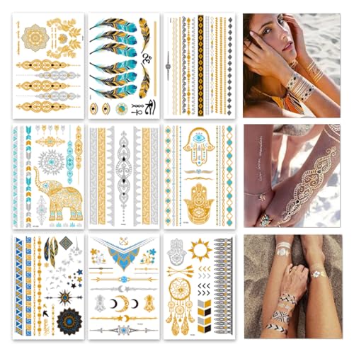 9 sheets 110+ Metallic Temporary Tattoos for Adult Women Girls Tattoos Gold Silver Glitter Flash Waterproof Tattoo Stickers for Beach, Festivals, & Parties