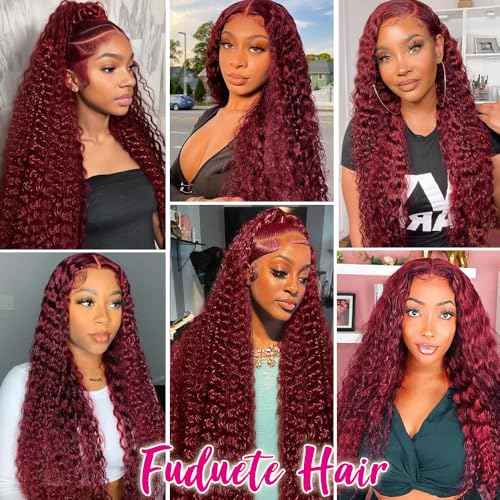 99J Burgundy Deep Wave 13x6 Lace Front Wigs Human Hair 200% Density Lace Frontal Wigs Human Hair Pre Plucked 99j Burgundy Deep Curly Wave HD Lace Front Wigs for Women (24Inch)