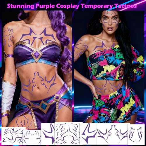 Boko Movie Anime Purple Temporary Tattoos Dance Cosplay, Holographic Glitter Temporary Tattoos, Full Body Cosplay Tattoo Sticker for Themed Party Music Festivals Halloween Prop Accessories (16Pcs)