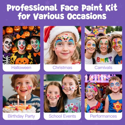 Face Painting Kit for Kids, 12 Colors Oil-Based Face Paint with 2 Brushes, Non-Toxic Halloween Makeup Kit, Professional Face Body Paint for Halloween, Parties, Carnival, School Events