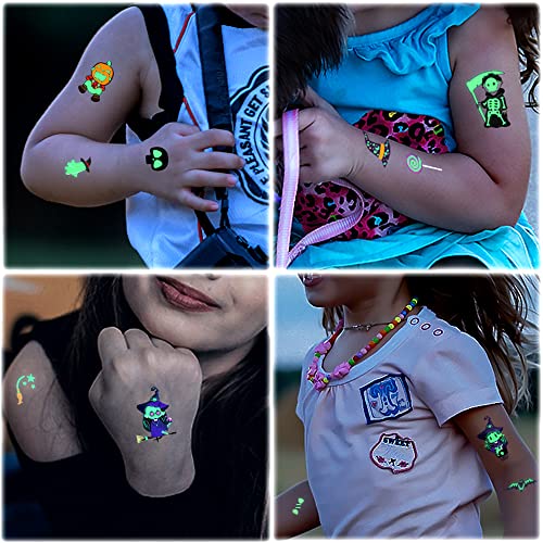 JCFIRE Halloween Temporary Tattoos for Kids, Glow in Dark Tattoos Stickers with Pumpkin Skull Ghost Monster for Halloween Party Favors Decorations, Party Games for Kids