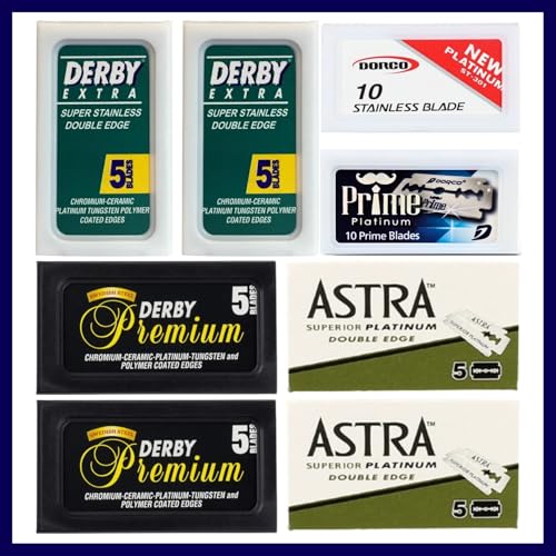 Double Edge Safety Razor Blades Sampler Pack for Men-Includes 3 Top Global Brands: Dorco Astra Derby-Comfortable Shaving ?Fits All Double Edge Safety Razors (50)