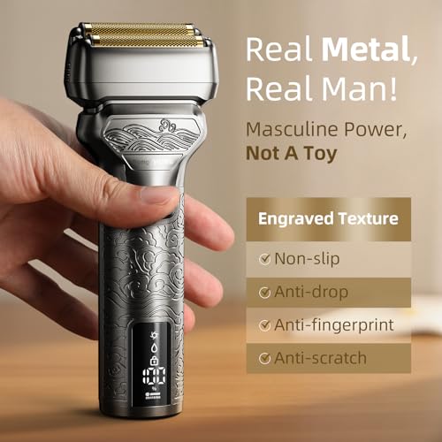 Electric Razor for Men with Pop-Up Trimmer: Rechargeable Cordless Foil Shaver for Face - Wet/Dry/Anti-Slip Waterproof Shavers with LED Display - Metal Handheld Design Light Gray