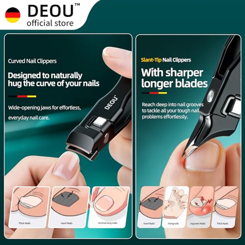 DEOU Nail Clippers Set, Stainless Steel Manicure Kit for Thick Hard Ingrown Nails, Anti-Splash with Nail File, Portable Keyhole Design, Gift Box for Home Travel (Black, Diagonal Cut + Straight Cut)