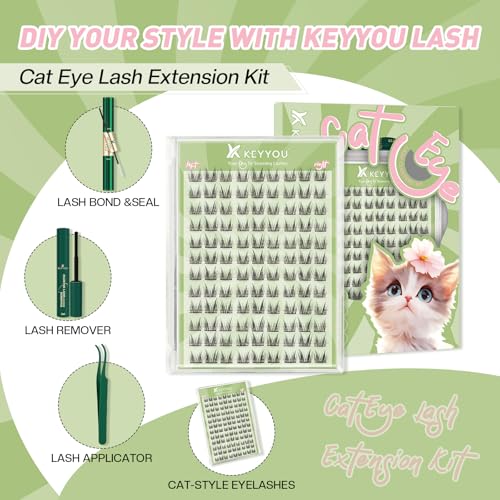KEYYOU Bunny Lash Clusters Kit Anime Cat Eye Lashes 108pcs Wispy Natural Cat style Lash Extension Kit with Bond and Seal,Applicators,Remover for Manga DIY Eyelash Extension Kit at Home£¨MC02£©