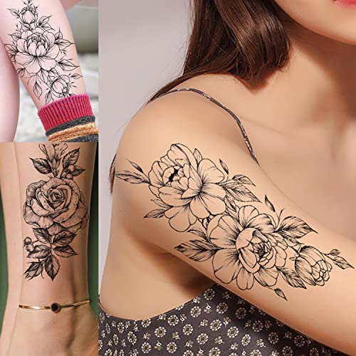 GLARYYEARS Floral Temporary Tattoo, 48-Pack Large + Small size Realistic Flower Tattoos, Mix Design Variety Pack Fake Tattoo Stickers for Women Girls Adults, Long-lasting Body Tattoos for Party