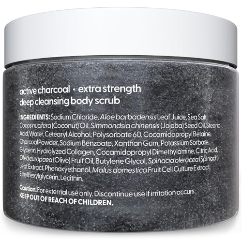Exfoliating Charcoal Scrub with Collagen & Stem Cells ? Salt Scrub for Body Toning, Cellulite, Armpit Detox, and Skin Smoothing for Face, Feet, and Body by M3