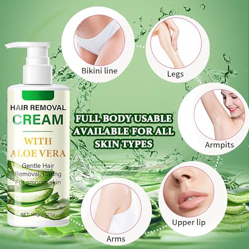 Hair Removal Cream for Men & Women, Aloe Vera Facial Depilatory Cream for Upper Lip, Chin, Arm, Leg, and Bikini, Face Hair Remover for Body Sensitive Skin, Gentle and Soothing 3.52 FL.OZ