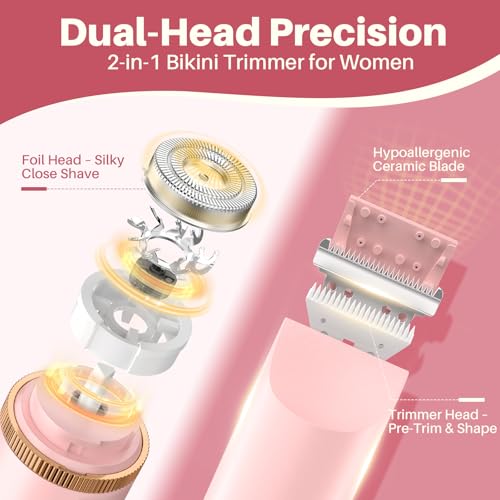 2025 Upgraded Bikini Trimmer for Women, Dual-Head Shaver with LCD Display, Ceramic-Blade Pubic Hair Trimmer, IPX7 Waterproof Wet & Dry Shower Shaver, Travel-Ready Gift Pouch(Pink)