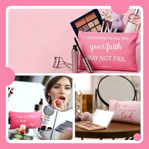Hsei 20 Pcs Pink Christian Galentines Gift for Women Bulk Religious Cosmetic Bags with Zipper Inspirational Bible Verse Pencil Pouch Makeup Bags for Travel Women Mother Sister Galentine's Day Church