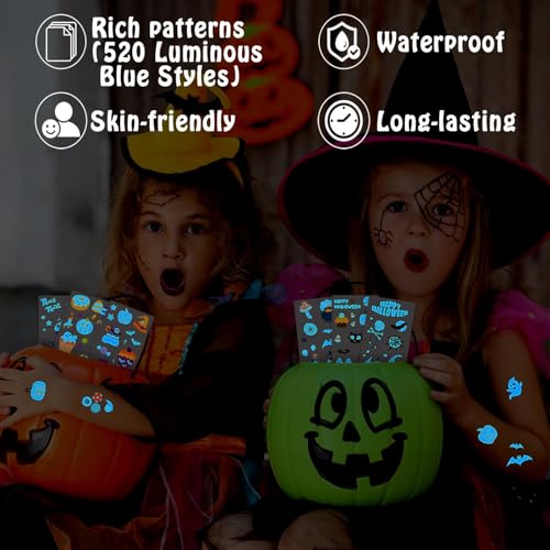 Partywind 56 Sheets Luminous Blue Halloween Tattoos for Kids Party, 520 Styles Halloween Party Supplies Favors Decorations for Boys and Girls Treats, Goodie Bag Stuffers for Trick or Treat Party
