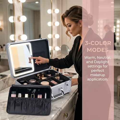 CHENGLIN Makeup Case with Lighted Mirror ? Waterproof Travel Train Case, Cosmetic Organizer with Adjustable Dividers, Magnetic LED Mirror, Portable Makeup Suitcase for Women (Silver)