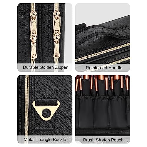 MONSTINA Large Makeup Travel Case Bag,Professional Makeup Artist Train Case with Brush organizer,Large Capacity Cosmetic Bag with Zipper Pocket and Adjustable Compartment£¨PU Leather Black£©