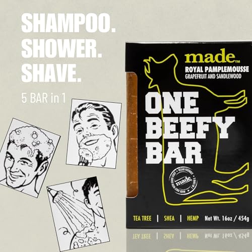made One Beefy Bar | Royal Pamplemousse | Shampoo, Body Wash & Shaving Soap | Grapefruit & Sandalwood Scent | Breakaway Brick Design | Moisturizing with Coconut Oil, Shea Butter & Aloe Vera | 16 oz