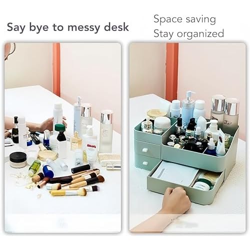 Makeup Organizer for Vanity, Large Countertop Organizer with Drawers, Cosmetics Storage for Skin Care, Brushes, Eyeshadow, Lotions, Lipstick,Nail Polish.Great for Dresser, Bathroom, Bedroom-Green
