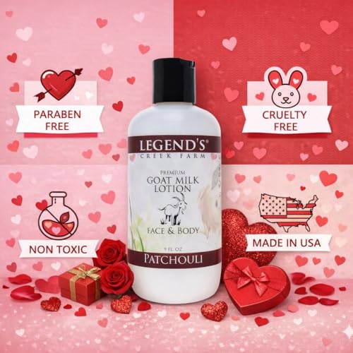 Legend's Creek Farm Goat Milk Lotion - Deeply Moisturizing Goat Milk Body Lotion for Body, Hand & Face - 9 oz Body Moisturizer with Shea Butter, Sunflower Oil, Aloe, Handmade in USA (Patchouli L.)