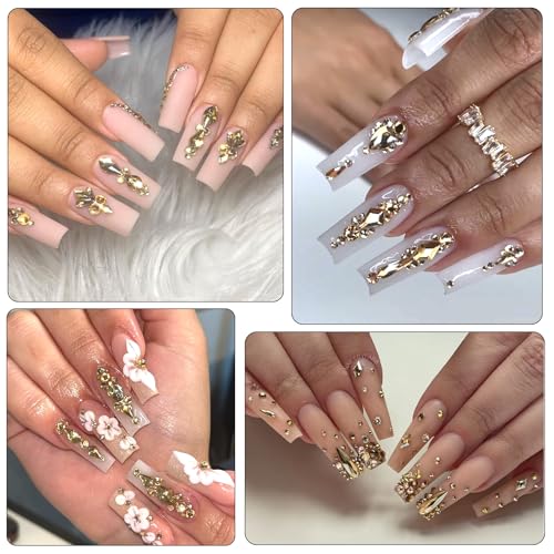 Nail Rhinestones - 3D Multiple Shape Size Gems, Champagne Gold, Manicure Beads, Pearls, Flatback Crystals Rhinestones, with Kit, for Nail Art Decor