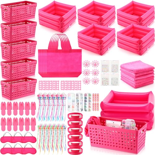 85 Pcs Spa Kit Nail Art Kit Sleepover Party Supplies with 12.5 x 12.5 in Inflatable Foot Tubs Foot Bath Towel and Basket DIY Manicure Pedicure Set for Slumber Party(Rose Red)