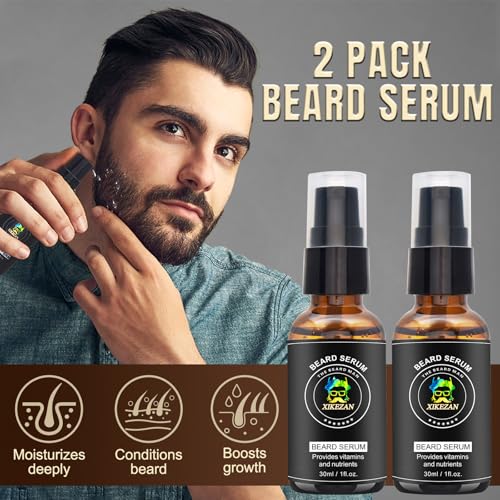 XIKEZAN Beard Kit for Men Grooming & Care Set w/2 Pack Beard Serum, Wash, Oil, Balm, Comb, Brush, Scissor, Bag, EBook, Unique Birthday Gifts for Men Him Dad Husband Brother Christmas Stocking Stuffers