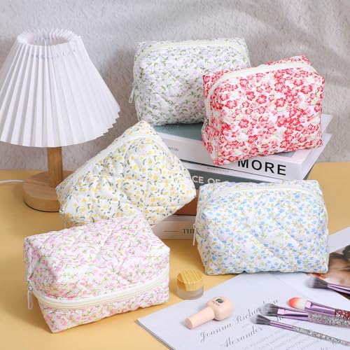 5 PCS Makeup Bag Quilted, Floral Makeup Bags Bulk with Zipper Quilted Cosmetic Bag Cosmetic Pouch Flower Cute Pouches for Cosmetics, Pens and Portable Travel Toiletries-5 Styles