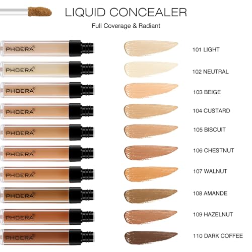 PHOERA Concealer, Lightweight, Full Coverage, Long Lasting, Corrects, Hydrates, Highlights, Matte Finish, All-Day Wear,with Concealer Brush (105#BISCUIT)