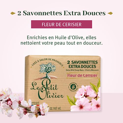 Le Petit Olivier Extra Mild Soap - Cherry Blossom - Gently Cleanses Skin - Delicately Perfumed - Vegetable Origin Based - 2 pc