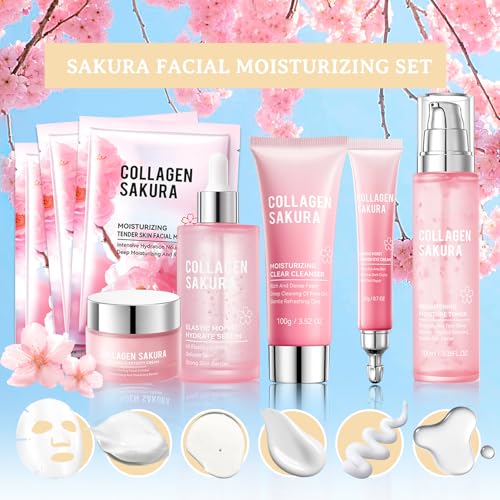 Sakura Skin Care Set,Moisturizing Skincare Kit with Face Cleanser,Facial Serum,Toner,Eye Cream,Face Cream and Hydrating Face Masks,Long-lasting Nourishing Skincare Set Facial Kit for Women£¨8pcs£©