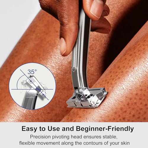 Dual-Blade Safety Razor with Pivoting Head, Reusable Metal Razors for Men, with 20 Double Edge Blades and Stand, Smooth Close Clean Shave, Silver
