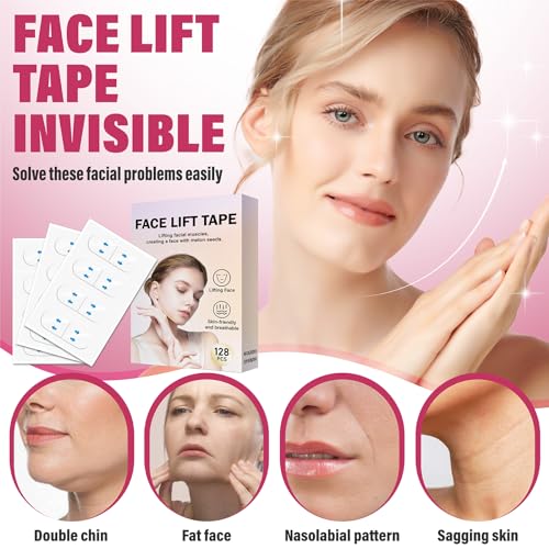 128PCS Face Lift Tape, Face Lift Tape Invisible, Face Tape Lifting Invisible, Face Tape Instantly Lifts Sagging Skin Around The Face, Hides The Double Chin and Creates A v-Shaped Face