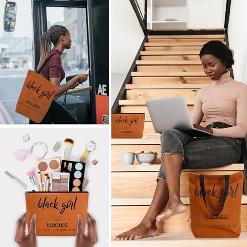 Paterr 2 Sets African Tote Bag for Women Brown Canvas Tote Handbags for Black Girls with Makeup Bag Set Fit Work Travel Beach Laptops with Zip Party Supplies