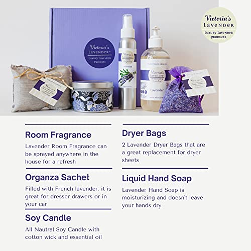Victoria's Lavender Home Essential Products Set - Made in the USA Collection, Includes Soy Candle, Room Spray, Hand Soap, Organza Sachets, Dryer Bags, Ideal Gift Set for Home Buyers - Lavender (5 Pcs)