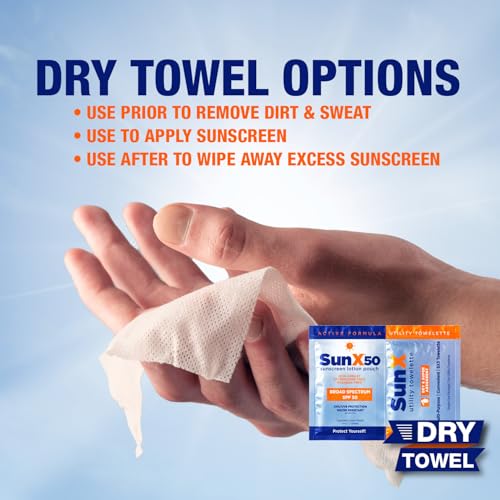 CoreTex Sun X 50 Broad Spectrum Sunscreen Packets & Dry Towels Duo Kit - Pack of 25 Paraben, Oxybenzone, Octinoxate, & Oil Free Sunscreen - No White Cast and Water Resistant Up to 80 Minutes