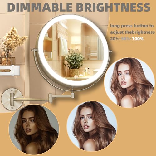 8.5" Wall Mounted Makeup Mirror with Light, 2000mAh Rechargeable Double Sided 1X / 10X Magnifying Vanity Mirror, 3 Color Lights Touch Dimmable 360¡Æ Rotation Bathroom Mirror, Nickel
