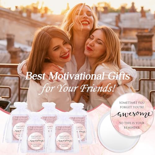 50 Set Women's Day Inspirational Compact Mirror Bulk Gift for Women Mini Makeup Pocket Mirror Employee Appreciation Gifts with Motivational Cards for Mother's Day Social Coworker Teacher (Pink)