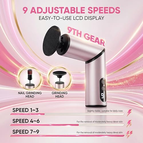 Electric Foot Callus Remover, Rechargeable Pedicure Kit with 10 Heads & 40 Grit Pads, 3 Speed LED Display, Strong Motor for Heels & Dead Skin, Portable & Foldable Callus Remover for Smooth Feet, Pink