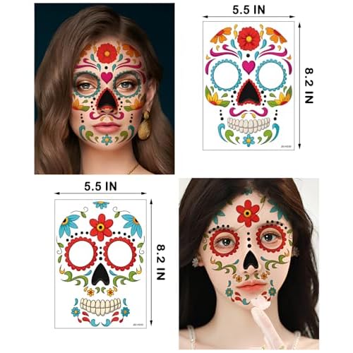 9-Pack Day of the Died Skeleton Face Temporary Tattoo Stickers ? Perfect for Halloween, D?a de los Muertos, and Cosplay for Adults and Kids
