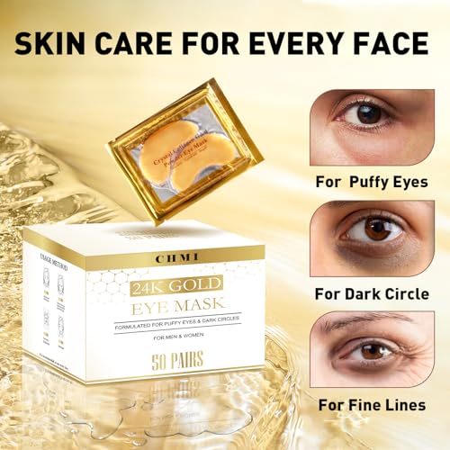 CHMI Under Eye Patches (100 Pairs) - 24K Gold Eye Patches for Puffy Eyes, Dark Circles, Eye Bags and Wrinkles, Collagen Skin Care Products, Beauty & Personal Care