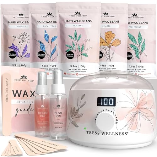 Tress Wellness Waxing Kit for Sensitive Skin, Safe for Face & Skin, Prep & Aftercare Spray, Easy to Use, At-Home Kit for Face, Bikini, Brazilian & Full Body - Digital Display, Watercolor White