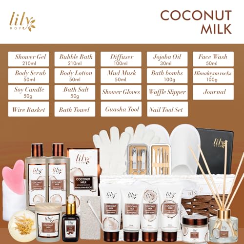 Mothers Day Gifts for Women - Luxurious 28Piece Coconut Vanilla Spa Gift Set Body Care Collection, Bath & Body Basket Gift Set for Valentines Day, Birthday, Christmas Gifts Self Care Gift