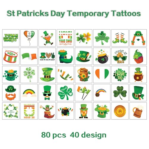 80 Pcs St Patricks Day Tattoos for Kids and Adults, 40 Designs Shamrock Temporary Tattoos Face Stickers, Waterproof Irish Party Favors Accessories, Green Clover Leprechaun Body Art Decor